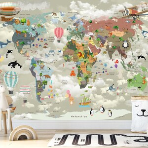 May include: A wall mural featuring a world map with a cloudy sky background, illustrated animals, hot air balloons, and aircraft. The map displays continents in various colors with labeled oceans and regions, accented by cartoon-style wildlife.
