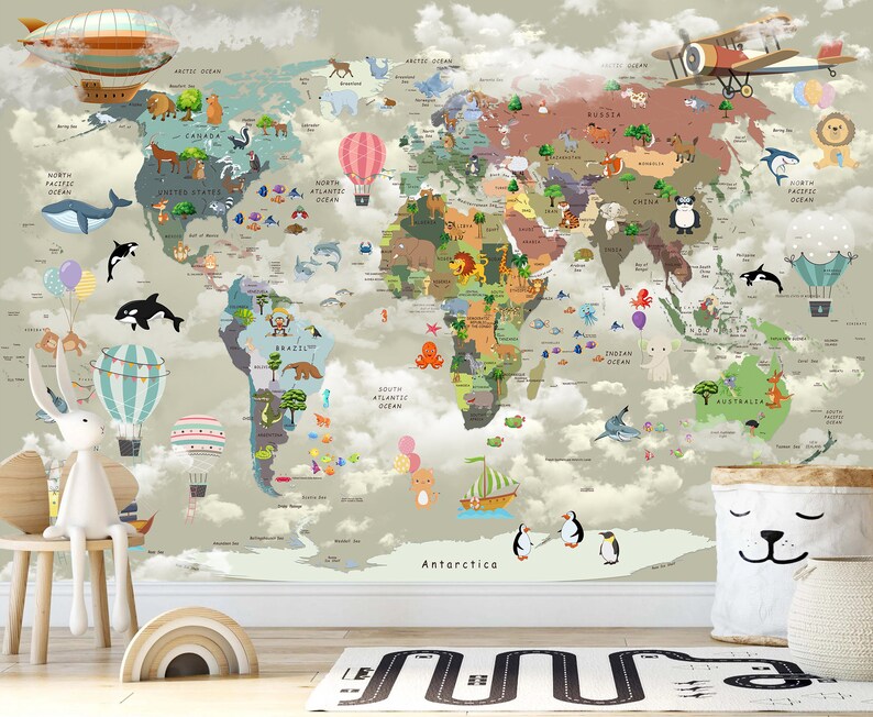 May include: A wall mural featuring a world map with a cloudy sky background, illustrated animals, hot air balloons, and aircraft. The map displays continents in various colors with labeled oceans and regions, accented by cartoon-style wildlife.