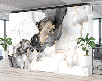 White Grey Abstract Marble Mural Wallpaper Peel and Stick Abstract Art Wall Decor Wall Vinyl Wallpaper for Office, Home, Bedroom, Livingroom