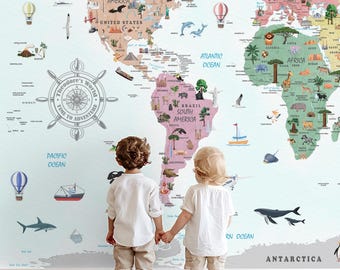 Papel de Parede Infantil com Mapa Mundi em Aquarela - Arte de Parede Educativa, Adesivo de Parede para Decoração de Quarto Infantil