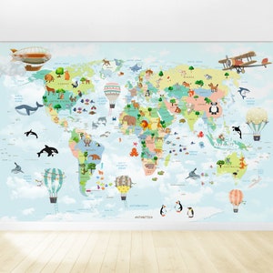 Schälen und Stick Kinderzimmer Wandbild Tapete Bunte Tierkarte mit Ländernamen Spielzimmer Kindergarten Kinderzimmer Lernwand Kunst Wandbild