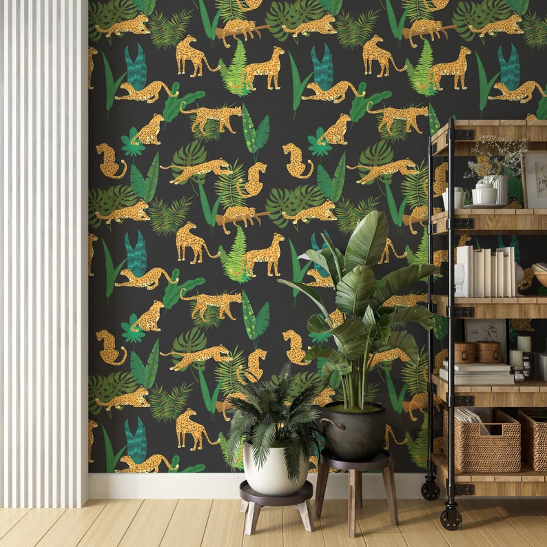 Leopard Jungle Wallpaper | Dark Botanical Peel and Stick Mural | Exotic ...