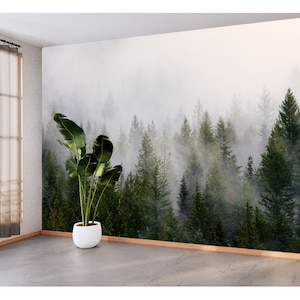 Mist Forest Wall Mural Wallpaper Peel and Stick Vinyl Wallpaper Foggy Forest Wall Art Forest Decor Pine Trees Wallpaper Green Forest Mural