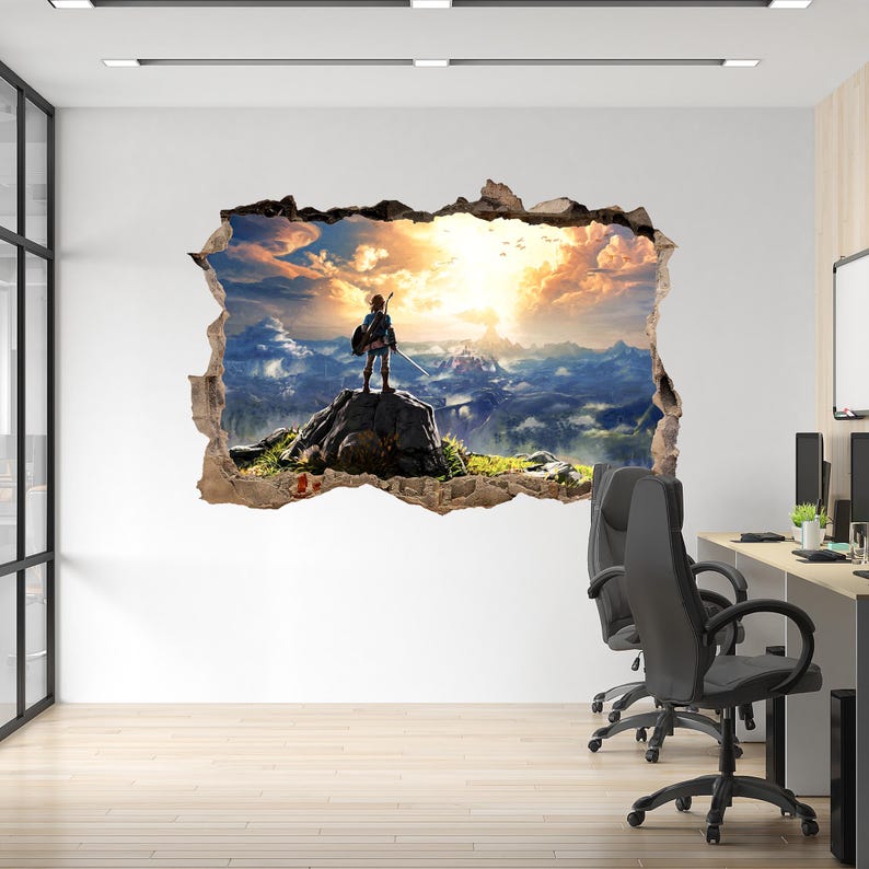 Puede incluir: Un adhesivo de pared con efecto de papel rasgado en 3D que revela un paisaje. Una figura se encuentra sobre una formaci&oacute;n rocosa oscura con vistas a una vasta cadena monta&ntilde;osa bajo un cielo dorado al atardecer con nubes y aves lejanas.
