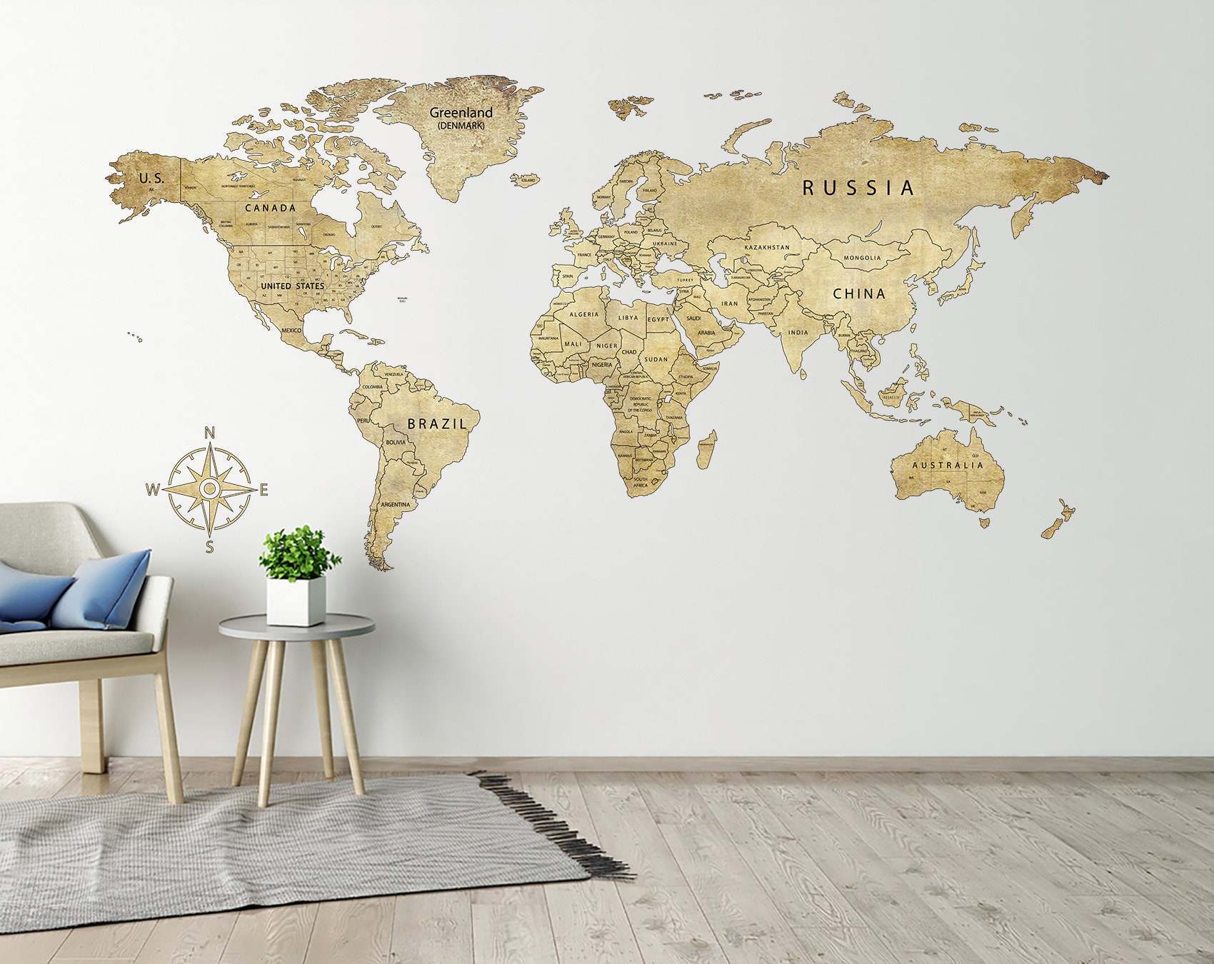 Vintage World Map Decal Wall Print Large Wall Art Decal Art Etsy