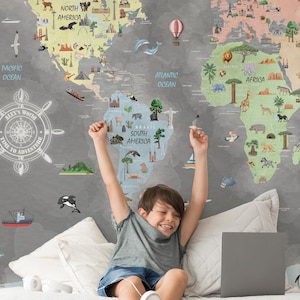 Papier peint pour enfants, carte du monde aquarelle, papier peint autocollant / traditionnel - décoration murale pour chambre d'enfants - dimension personnalisée - cadeau personnalisé - W-879
