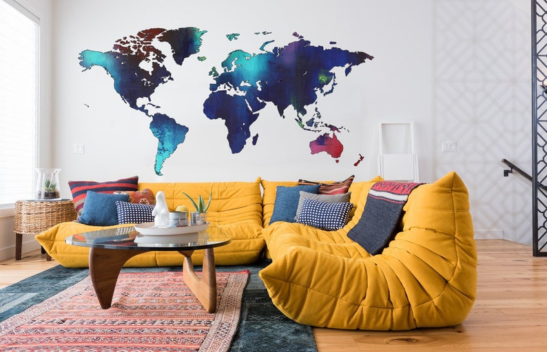 World Map Large Wall Sticker Map Wall Decal Modern Abstract Etsy