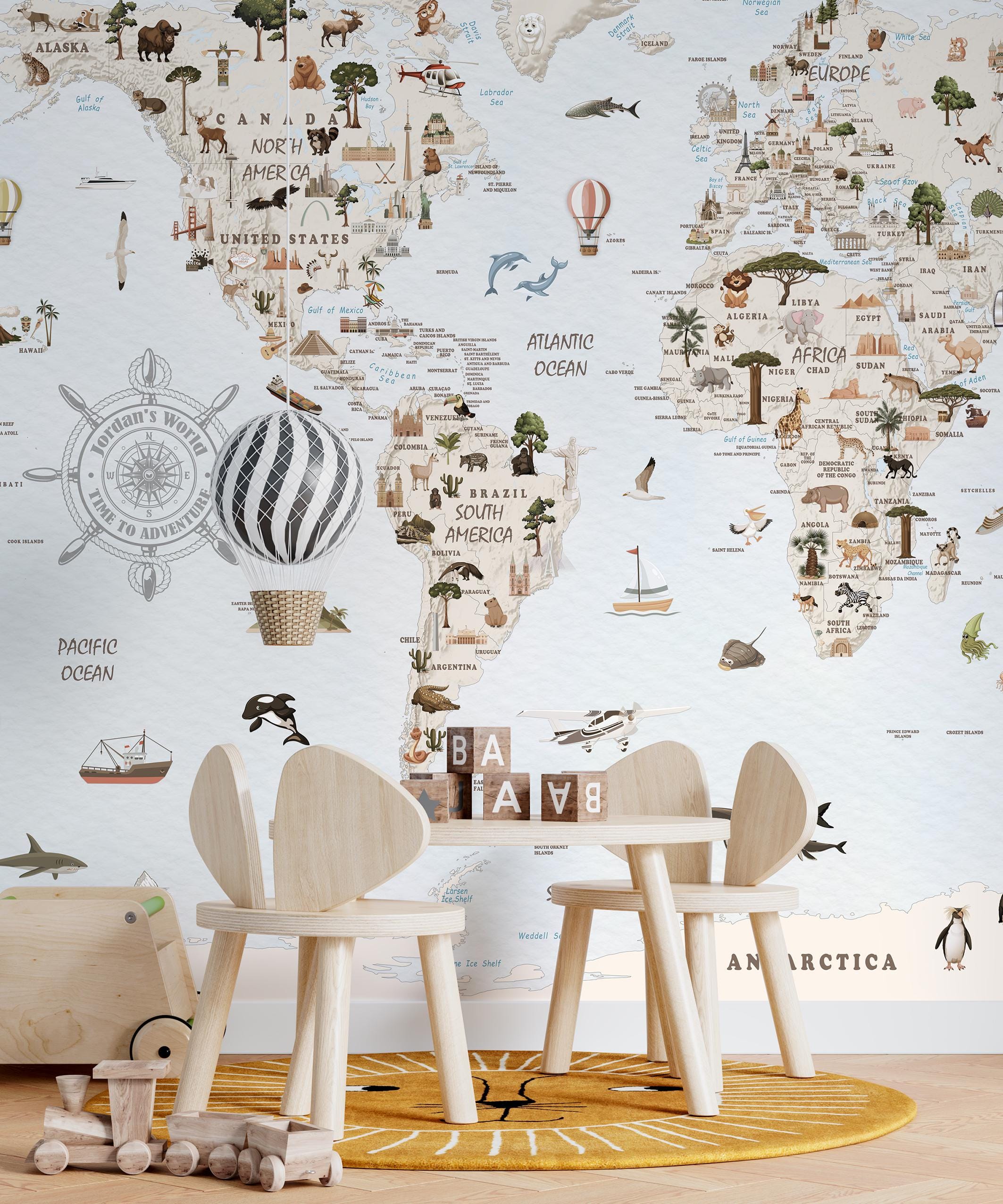 Custom Animal World Map Wallpaper for Kids | Educational Peel and Stick ...