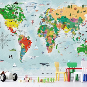 Fantastica mappa del mondo con paesi colorati Carta da parati per bambini, stacca e attacca Murale Decorazione per la stanza dei bambini Carta da parati per la scuola materna e l'asilo nido Regalo carino per bambini