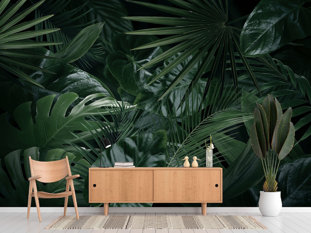 Dark Green Botanical Wallpaper Peel and Stick Tropical Leaf Wall Mural ...