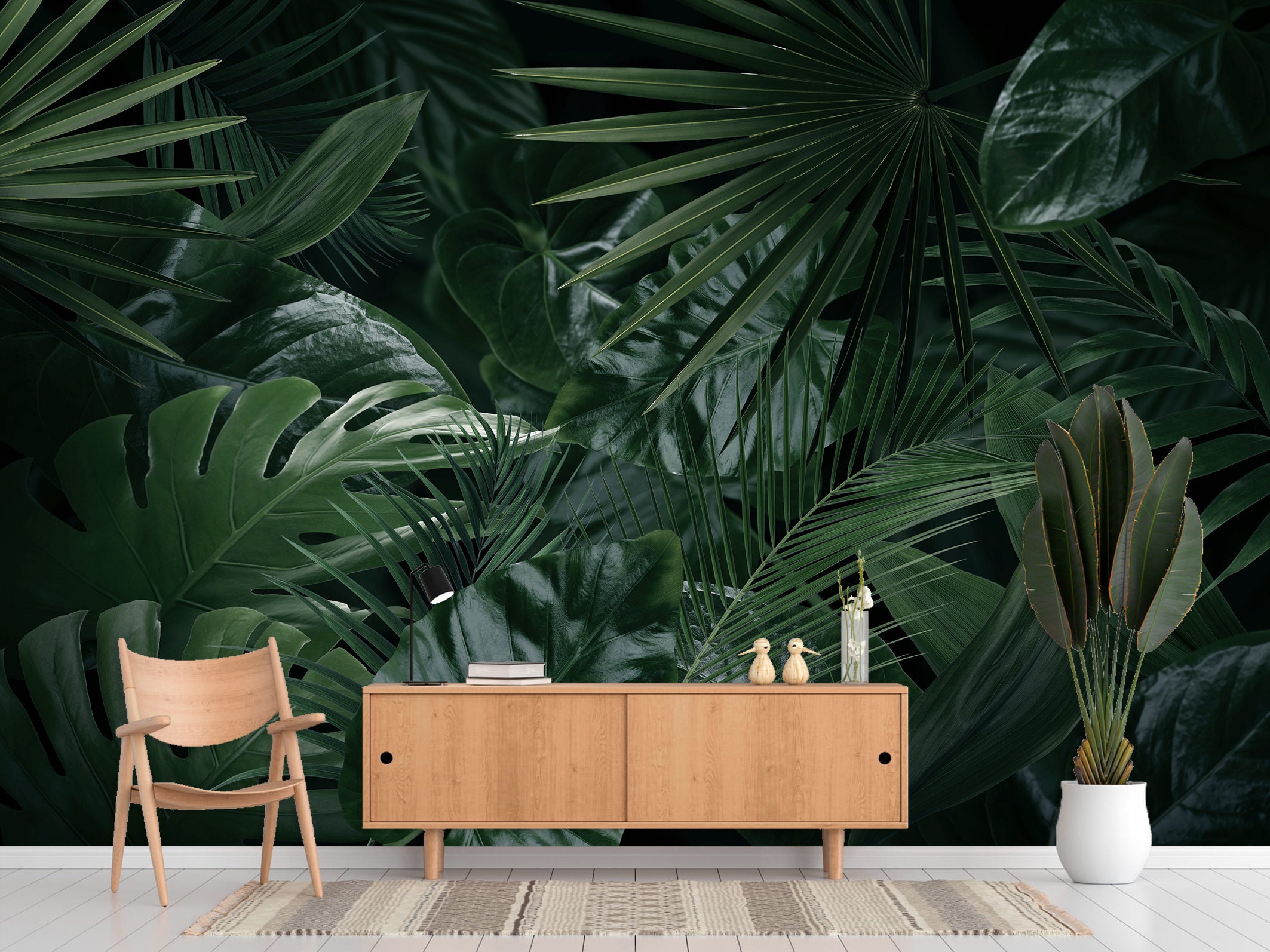 Tropical Leaf Botanical Wallpaper - Dark Green Peel and Stick Mural for ...