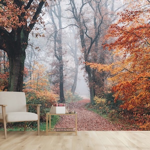 Carta da parati murale con foglie autunnali, alberi della foresta autunnale, stacca e attacca, natura panoramica, mattina nebbiosa in un bosco, decorazione da parete con foresta autunnale