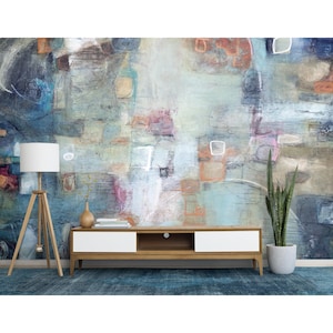 Abstract Painterly Art Wallpaper Peel & Stick Wall Mural Printable Wallpaper Abstract Contemporary Living Room Bedroom Blue Tones Wallpaper