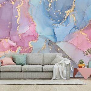 Carta da parati murale con accenti blu e rosa, decorazione da parete astratta, carta da parati in marmo estetico, carta da parati alla moda, tradizionale, stampa