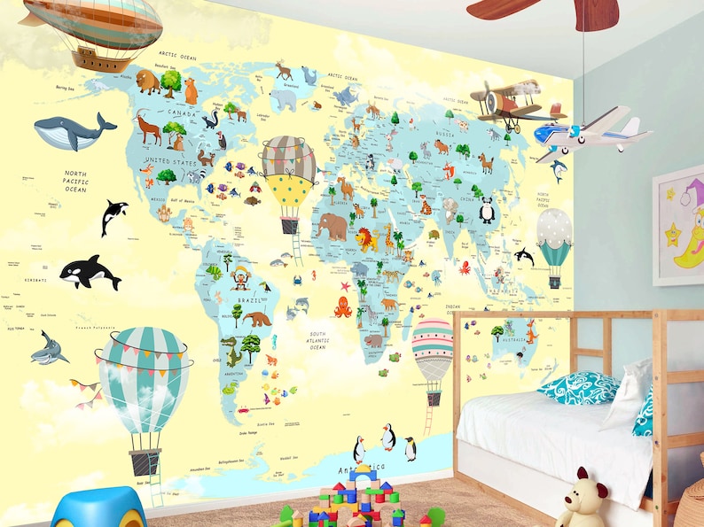 Kids Map Wallpaper World Map Nursery Wall Mural Peel and Stick Etsy