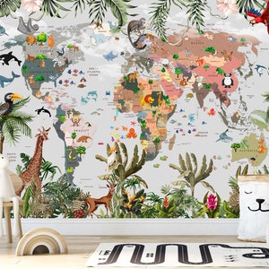 Papel tapiz mural para habitación infantil, mapa del mundo para niños, papel tapiz autoadhesivo para sala de juegos, decoración de pared para habitación de bebé, papel tapiz para niños, mapa de safari artístico