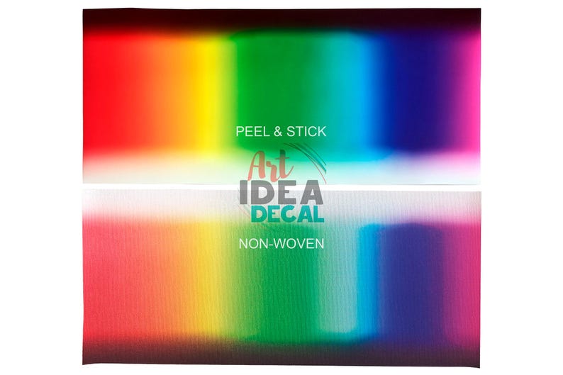 May include: A vibrant, rainbow-colored decal with a gradient effect. The top section reads "PEEL & STICK," while the bottom section says "NON-WOVEN." The decal features the "Art IDEA DECAL" logo in the center.