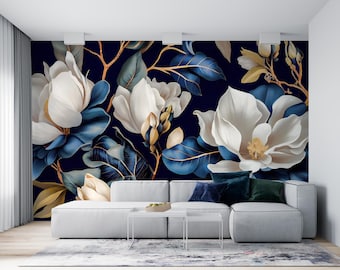 Abstract Magnolia Flowers Peel and Stick Wallpaper - Blue Floral Botanical Mural