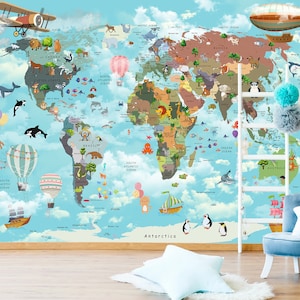 May include: A colorful world map with cartoon animals and illustrations of hot air balloons, airplanes, and ships. The map is on a blue background with white clouds. The continents are labeled with their names.