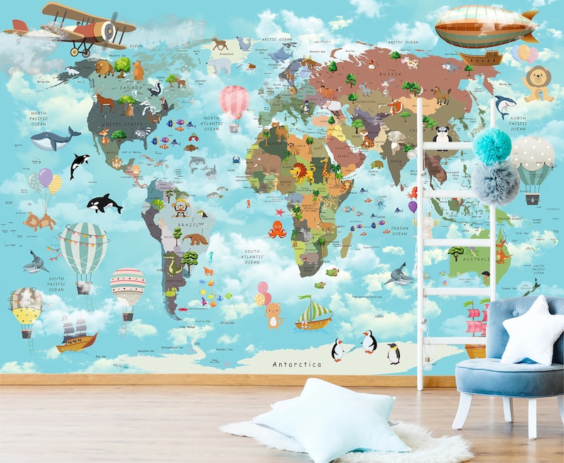 Children's Map Nursery Wall Mural Peel and Stick Wallpaper Etsy