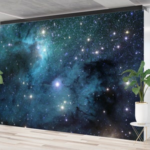 May include: A large wall mural depicting a vibrant space scene with swirling teal and blue nebulas, and countless bright stars. The mural is set in a modern office space with plants and large windows.