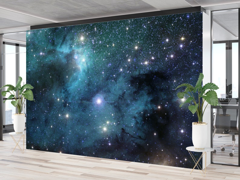May include: A large wall mural depicting a vibrant space scene with swirling teal and blue nebulas, and countless bright stars. The mural is set in a modern office space with plants and large windows.