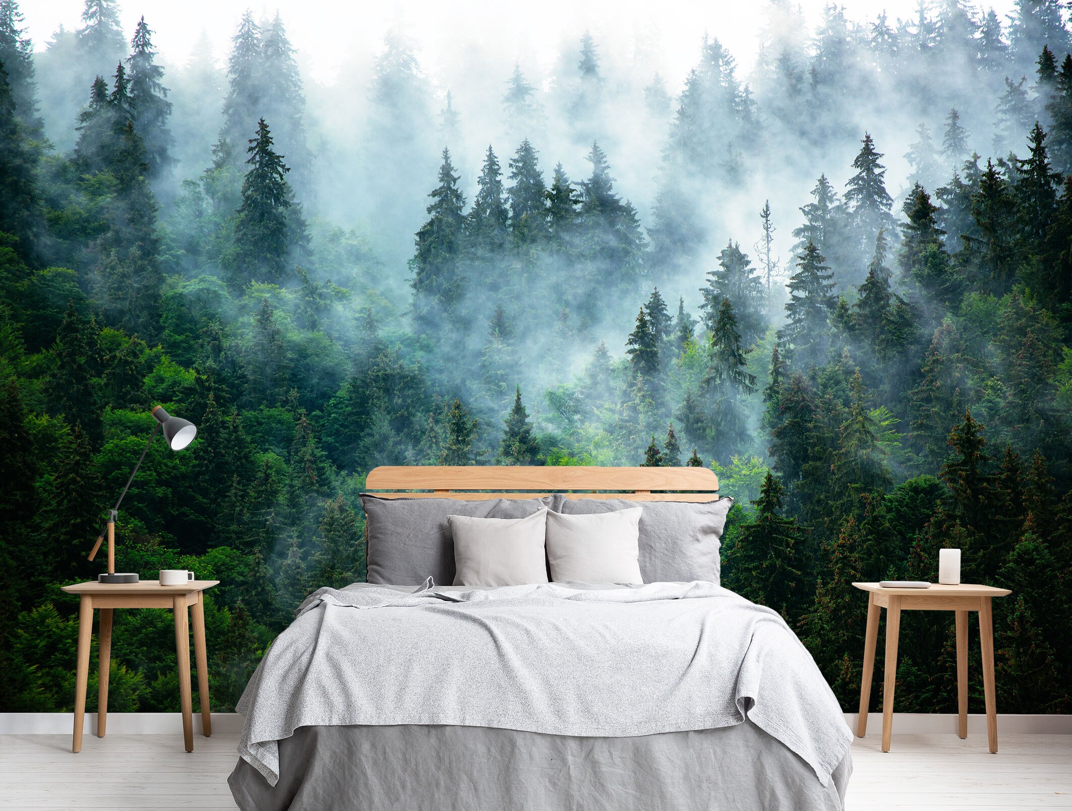 Wallpaper Mural Foggy Forest Peel And Stick Wallpaper - Green Landscape ...