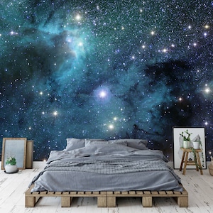May include: A bedroom with a celestial theme. The wall features a vibrant nebula design in shades of blue and teal, filled with stars. A bed with gray bedding sits on a wooden pallet frame. Decorative items include framed art and plants.