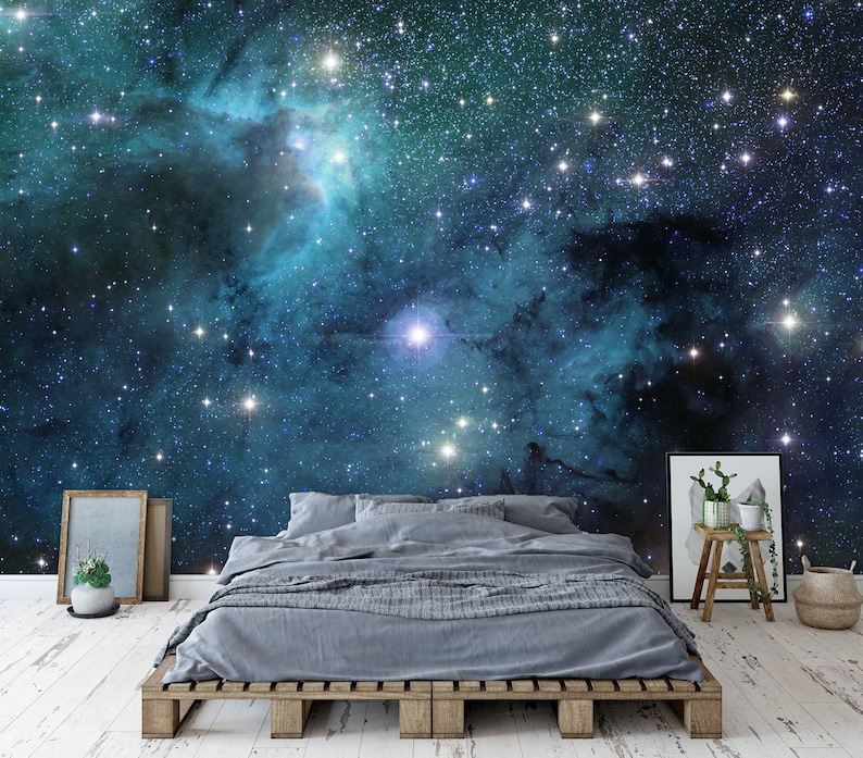 May include: A bedroom with a celestial theme. The wall features a vibrant nebula design in shades of blue and teal, filled with stars. A bed with gray bedding sits on a wooden pallet frame. Decorative items include framed art and plants.