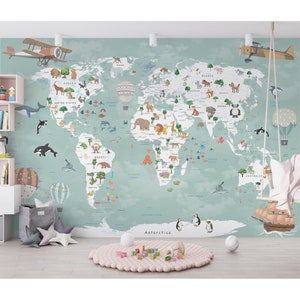 Mural de pared para habitación infantil, decoración de pared, mapa del mundo de animales, papel tapiz para guardería, papel tapiz para niños, papel tapiz despegable y adhesivo para habitación infantil, papel tapiz para sala de juegos personalizado