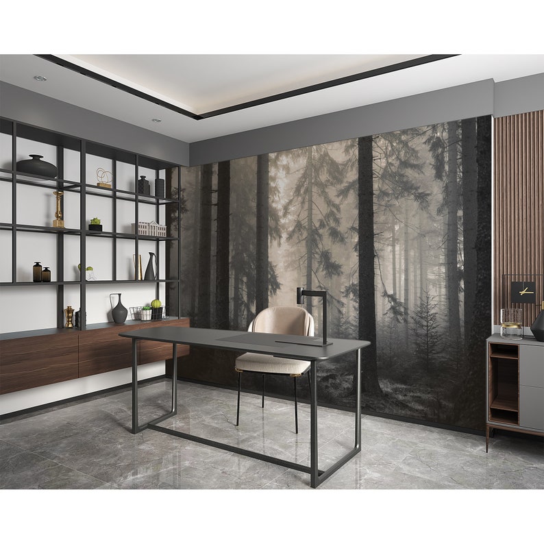 Dark Foggy Forest Wallpaper Peel and Stick \ Traditional | Misty Trees Wallpaper Mural Modern Wall Decor Bedroom Living Room Wallpaper Moody image 6