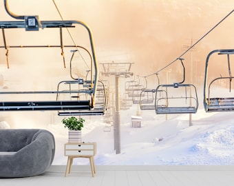 Ski-Lift Wallpaper Peel and Stick Wandbild Ski-Resort-Tapete Sesselbahn-Tapete Winter-Berge-Landschafts-Tapete Ski-Wand-Dekor