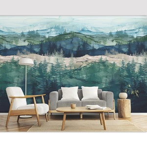 Watercolor Forest Trees Abstract Peel and Stick Wall Mural Wallpaper Mountain Forest Wallpaper Minimalist Landscape Horizon Wallpaper Decor