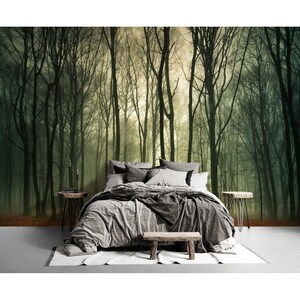 Moody Mystery Foggy Forest Wallpaper - Bedroom Living Room Dark Trees Wallcovering Peel and Stick, Unpated Wall Paper Mural image 9