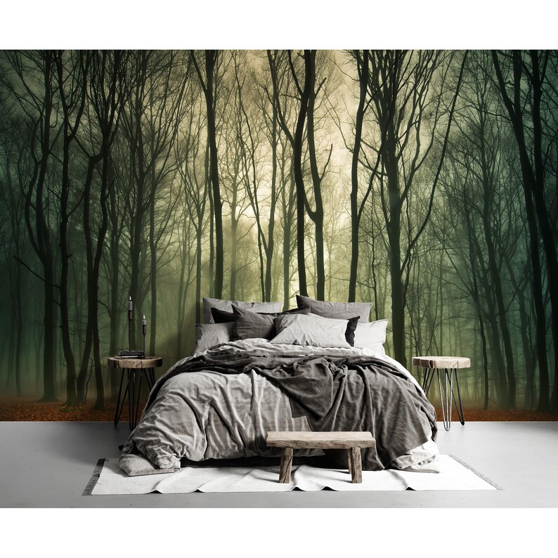Moody Mystery Foggy Forest Wallpaper - Bedroom Living Room Dark Trees Wallcovering Peel and Stick, Unpated Wall Paper Mural image 9