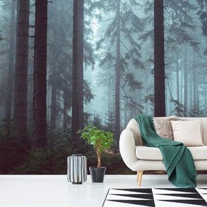 Papier peint forêt, papier peint autocollant, papier peint nature, papier peint arbres, décoration murale forêt brumeuse, chambre à coucher, salon, papier peint bois