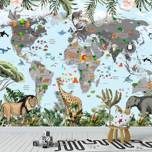 Safari Tier Karte Wandbild Kinderzimmer Dschungel Tapete - Schälen und Aufkleben / Traditionell - Kinderzimmer Spielzimmer Wanddekoration Kinder Wandbild Tapete