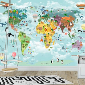 Colorful Wallpaper for Kids Room Decor Kids Wall Mural Animal World Map ...