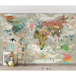 Kinderzimmer Wandbild Weltkarte mit Tieren zum Abziehen und Aufkleben Tapete Kinder Kinderzimmer Wanddeko Kinder Tapete Kinderzimmer Dekor