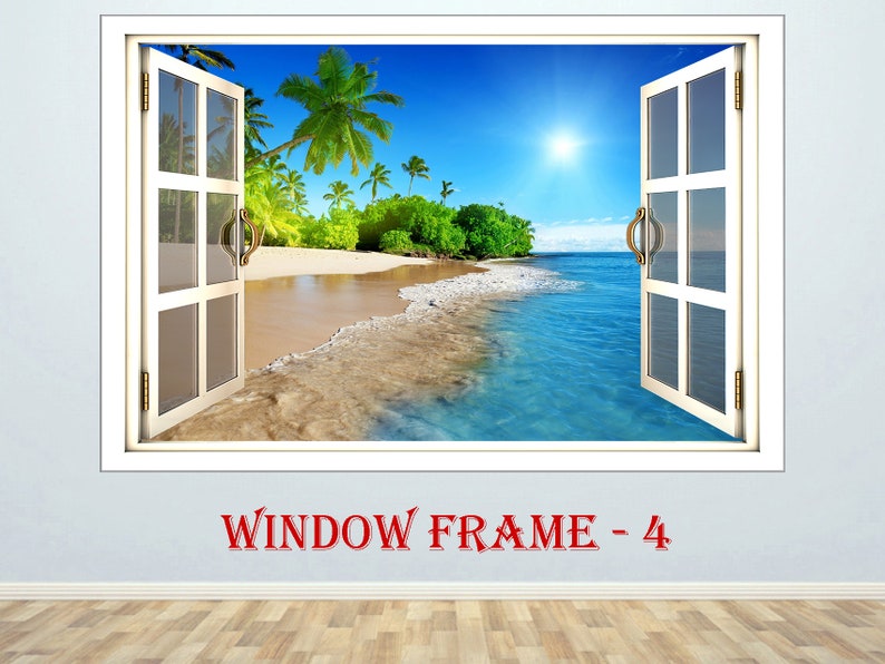 3D Window Beach Sea Wall decor Vinyl Poster Nature 3D Window view Wall decal Window effect Wall sticker Prints Poster Window sticker