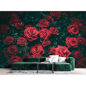 Red Rose Mural Wallpaper Romantic Floral Wall Art for Bold Interiors, Vintage Style Botanical Decor Dark Red Roses Wallpaper Peel and Stick