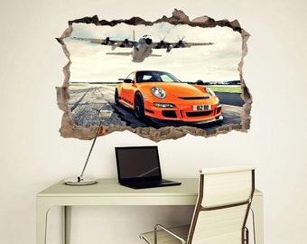 Car Wall Sticker Porsche 911 Supercar Sports Car Wall Decal 3D Smashed Wall Stickers Garage Wall Print Porsche Wall Art Gift For Boy