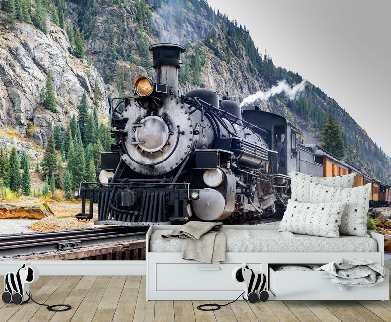Steam Train & Scenic Mountain Mural Kids Room Wallpaper Peel and Stick ...
