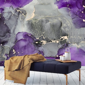 Violet Purple Abstract Marble Wall Mural Peel and Stick Bedroom Office Room Wallpaper Art Wall Decor Watercolor Purple Wallpaper Unpasted