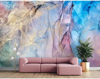 Blue Pink Aesthetic Wallpaper Abstract Marble Wallpaper Peel and Stick Bedroom Wall Decor Girl Room Wallpaper Living Room Wall Mural Printed