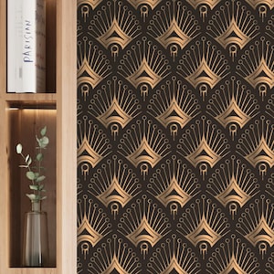 Elegant Art Deco Wallpaper – Gatsby Fan Wallpaper - Luxury Dark Wallpaper - Hand Drawn Vintage Wallpaper Rolls - Peel and Stick / Unpasted