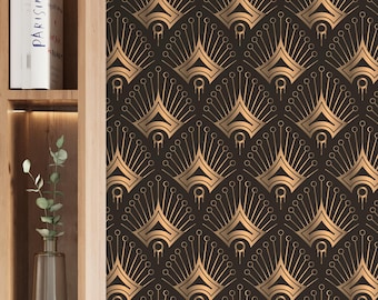 Elegante Art Deco Tapete - Gatsby Fan Tapete - Luxuriöse Dunkle Tapete - Handgezeichnete Vintage Tapetenrollen - Schälen und Aufkleben