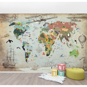 Schälen und Aufkleben Wallpaper für Kinder | Weltkarte Kinderzimmer Wandbild Kinderzimmer Tapete Kinder Weltkarte Spielzimmer Tapete Wandbild