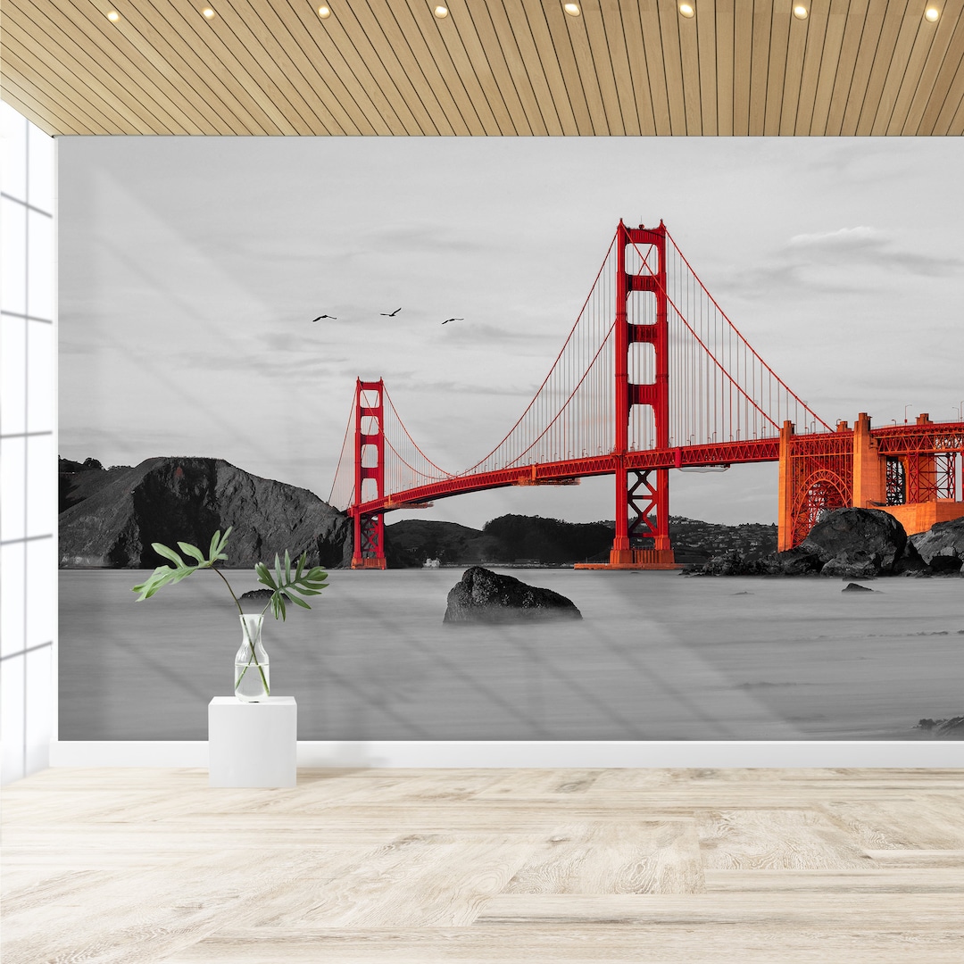 Red Black White Wall Mural Bridge Wallpaper Peel and Stick Etsy