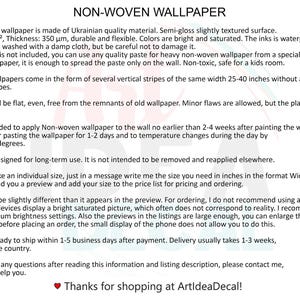 May include: Text description of non-woven wallpaper with details on material, care, and application. Includes information on sizing, color variations, and shipping. The text also mentions the wallpaper is safe for kids rooms.